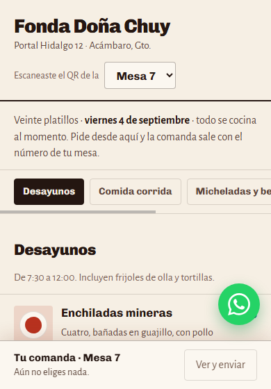 Pantalla de la demo del restaurante en un celular